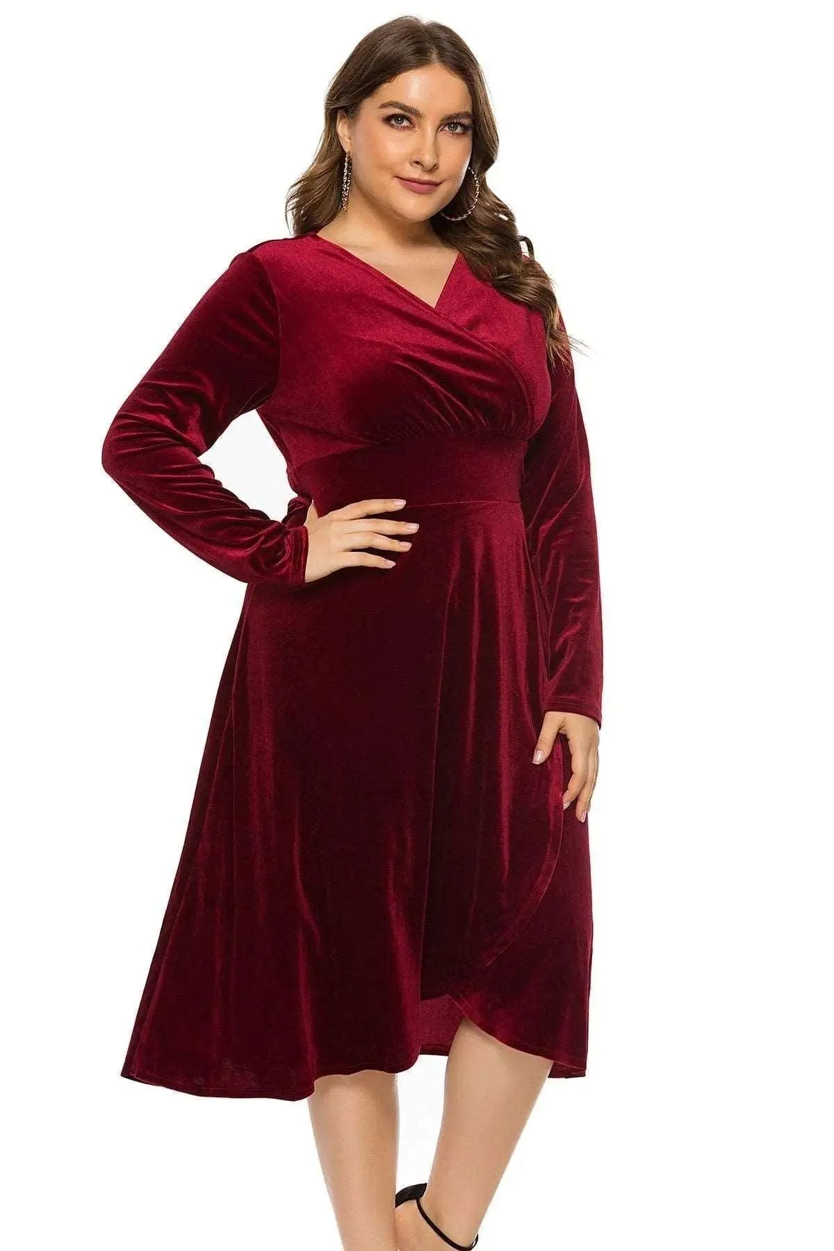 Women's Velvet Midi Dress Mid-Calf V-Neck