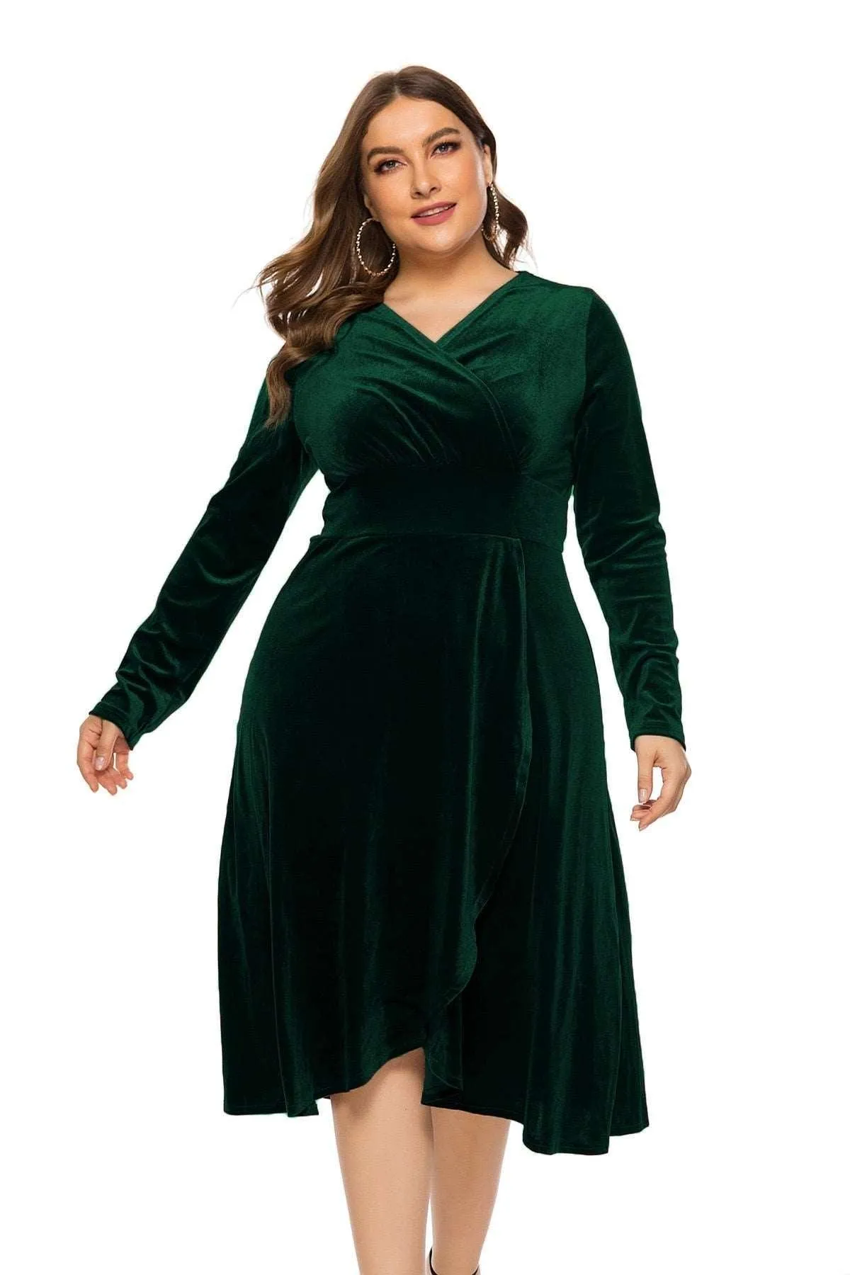 Women's Velvet Midi Dress Mid-Calf V-Neck