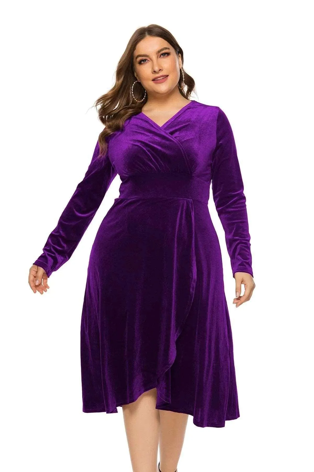 Women's Velvet Midi Dress Mid-Calf V-Neck