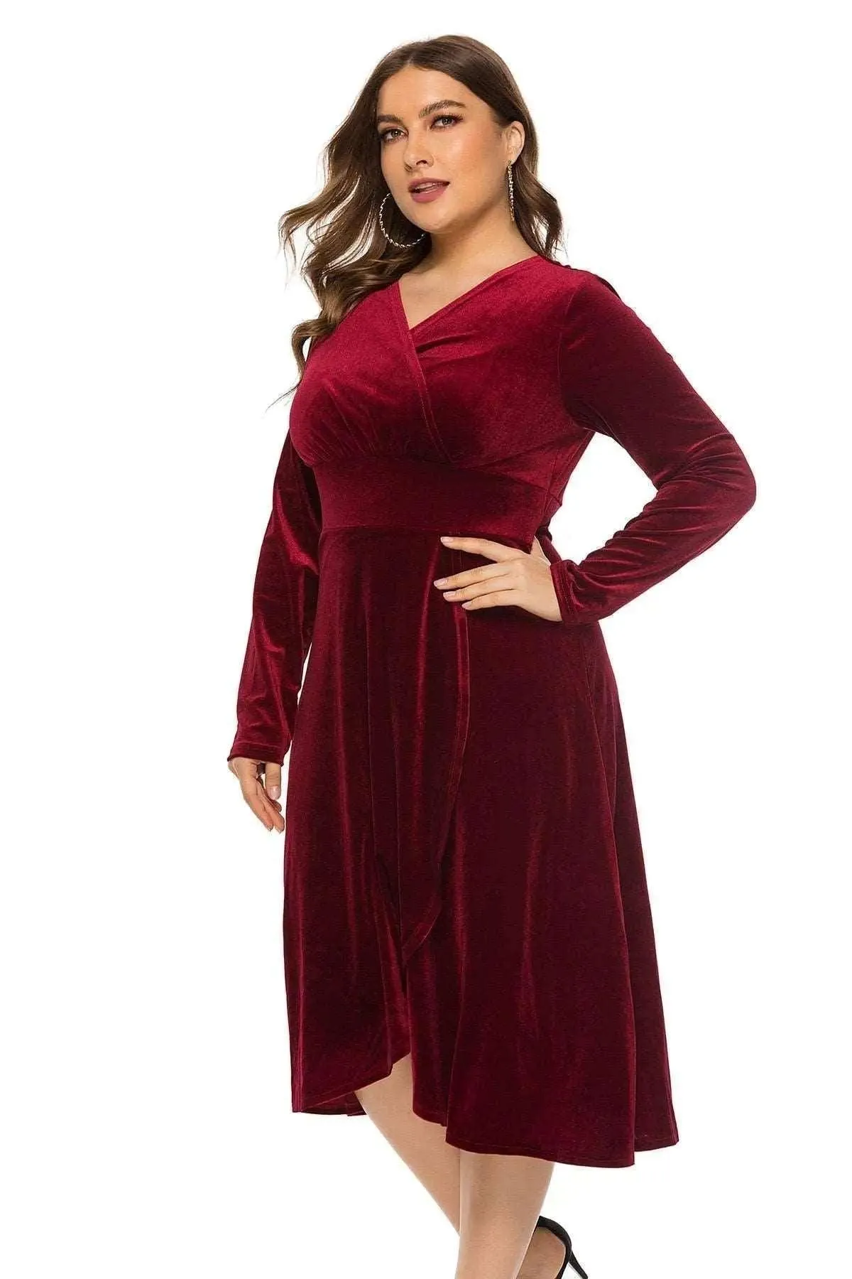 Women's Velvet Midi Dress Mid-Calf V-Neck