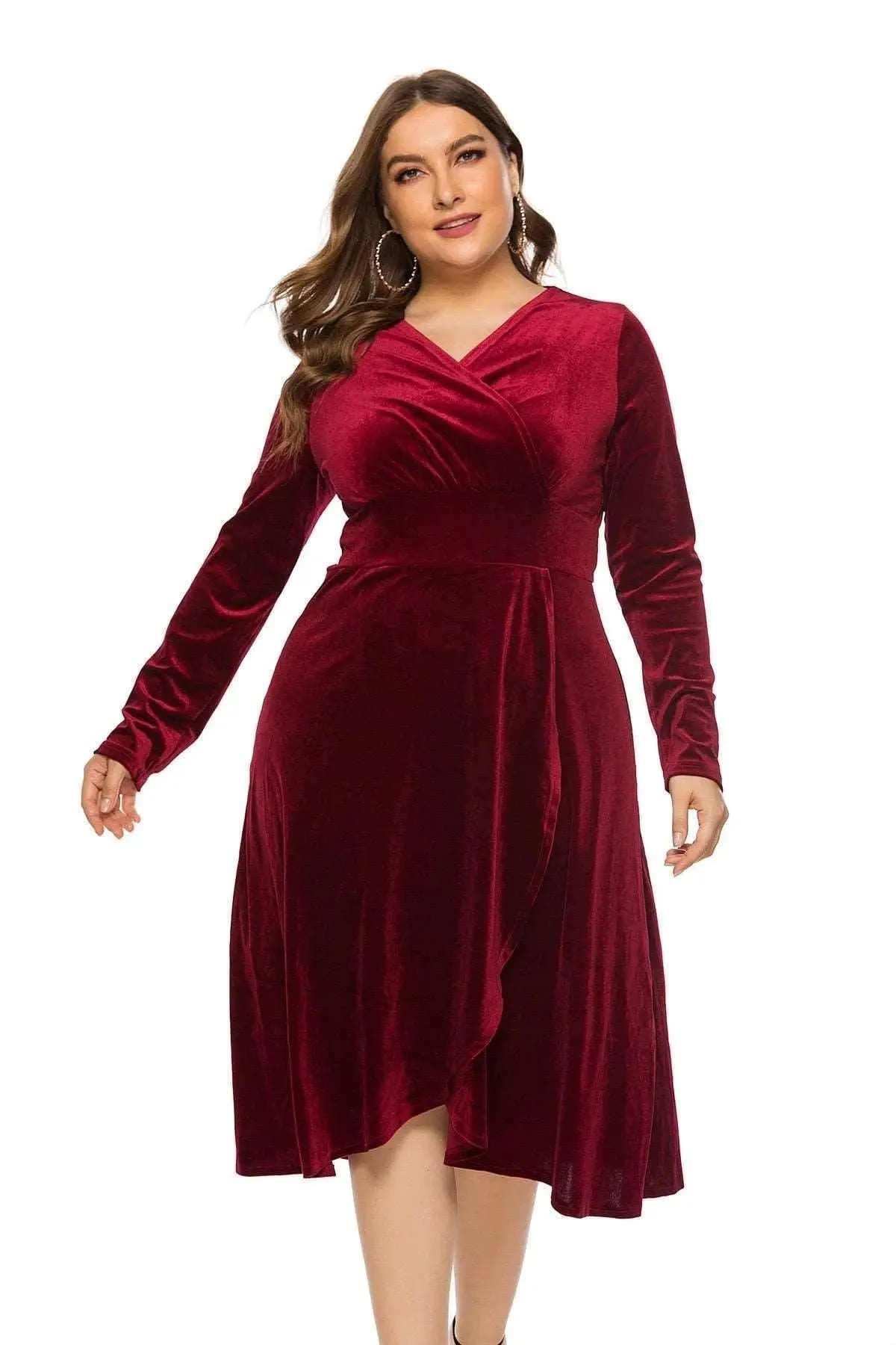 Women's Velvet Midi Dress Mid-Calf V-Neck