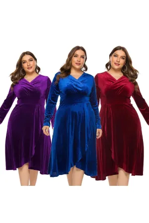 Women's Velvet Midi Dress Mid-Calf V-Neck