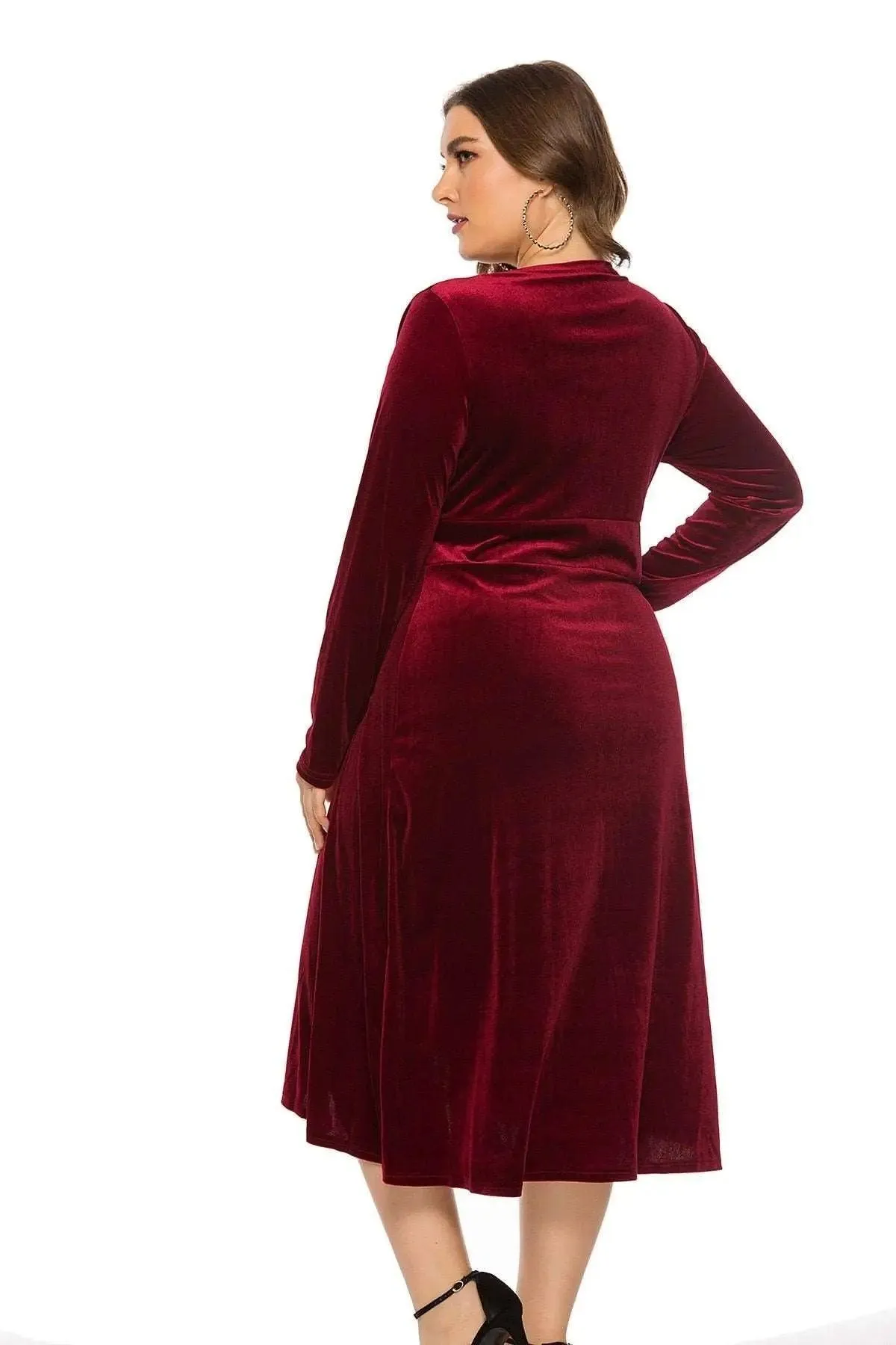 Women's Velvet Midi Dress Mid-Calf V-Neck