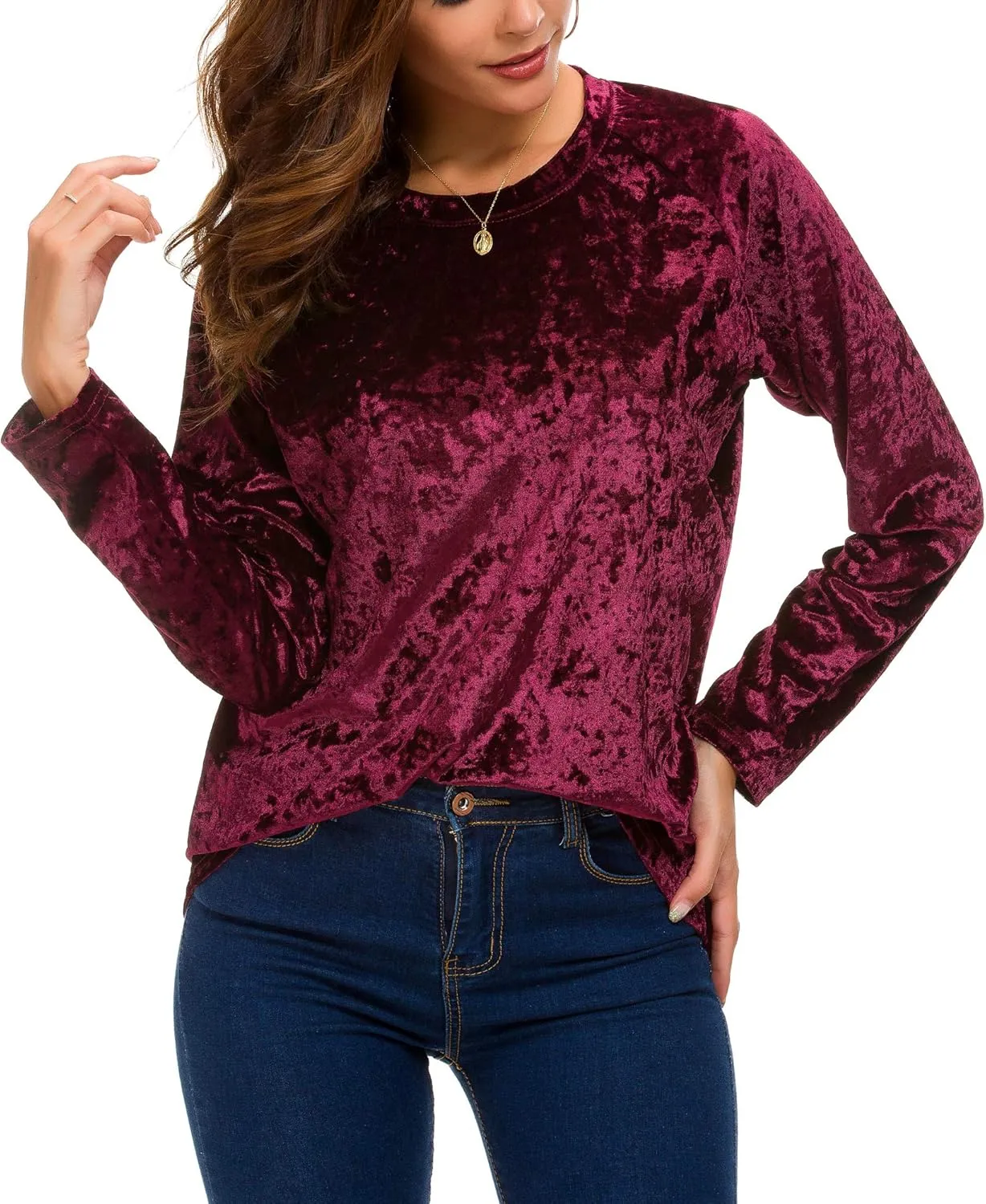 Women's Vintage Velvet T-Shirt Casual Long Sleeve Top