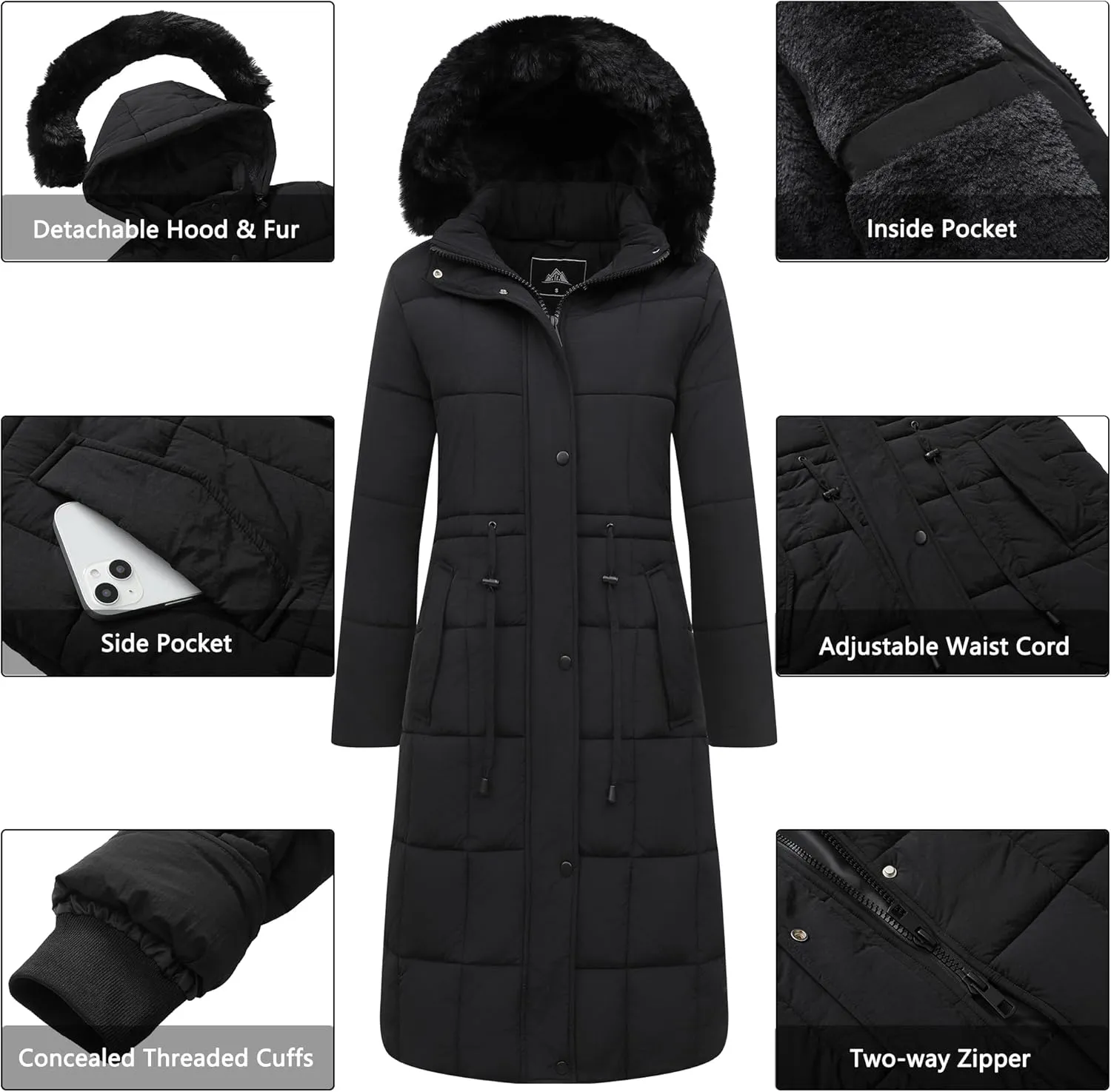 Women's Waterproof Long Winter Coat Thickened Down Alternative Jacket Warm Puffer Jacket Hooded Parka