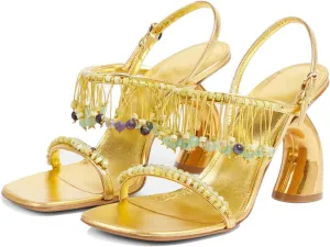 Women's（Gold Metallic/Black Velvet） High-Heeled Sandals Square Open Toe Chunky Heel Slingback Heels Crystal Tassels Ankle Strap Buckle Fashion Shoes