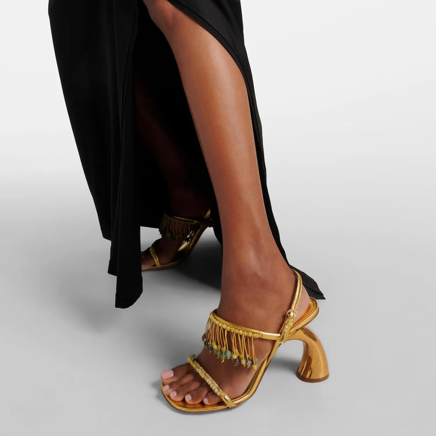 Women's（Gold Metallic/Black Velvet） High-Heeled Sandals Square Open Toe Chunky Heel Slingback Heels Crystal Tassels Ankle Strap Buckle Fashion Shoes