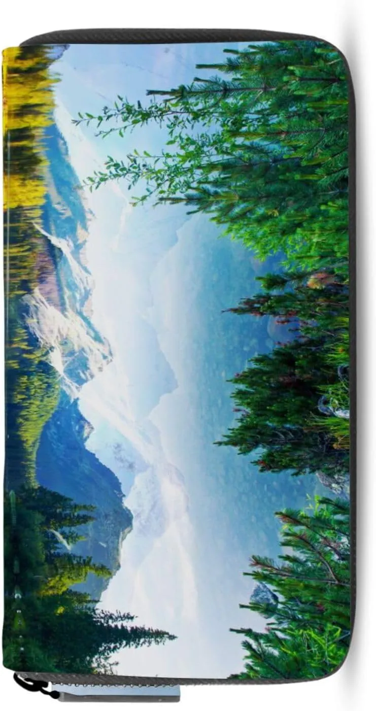Wonderful Sunny Day Mountain Lake with Green Trees Leather Long Wallet Organizer with Zipper Purse Clutch Bag for Women Men Key Card Coin Passport Checkbook 8 x 4 inch