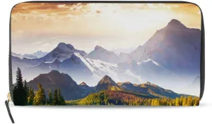 Wonderful Sunny Day Mountain Lake with Green Trees Leather Long Wallet Organizer with Zipper Purse Clutch Bag for Women Men Key Card Coin Passport Checkbook 8 x 4 inch