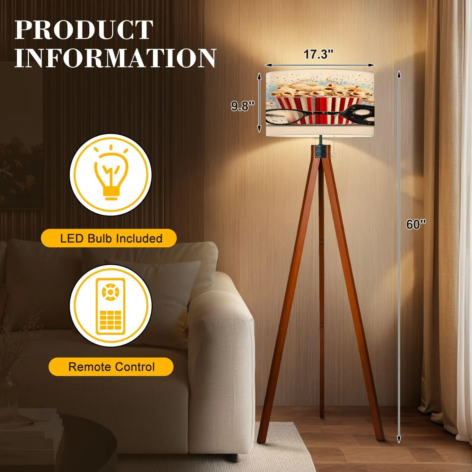 Wood Tripod Floor Lamp Raster Version Clapper Board Cinema Popcorn Striped Bag Mid Century Standing Lamp Linen Shade Dimmable Modern Tall lamp Home Decor for Living Room Bedroom Office