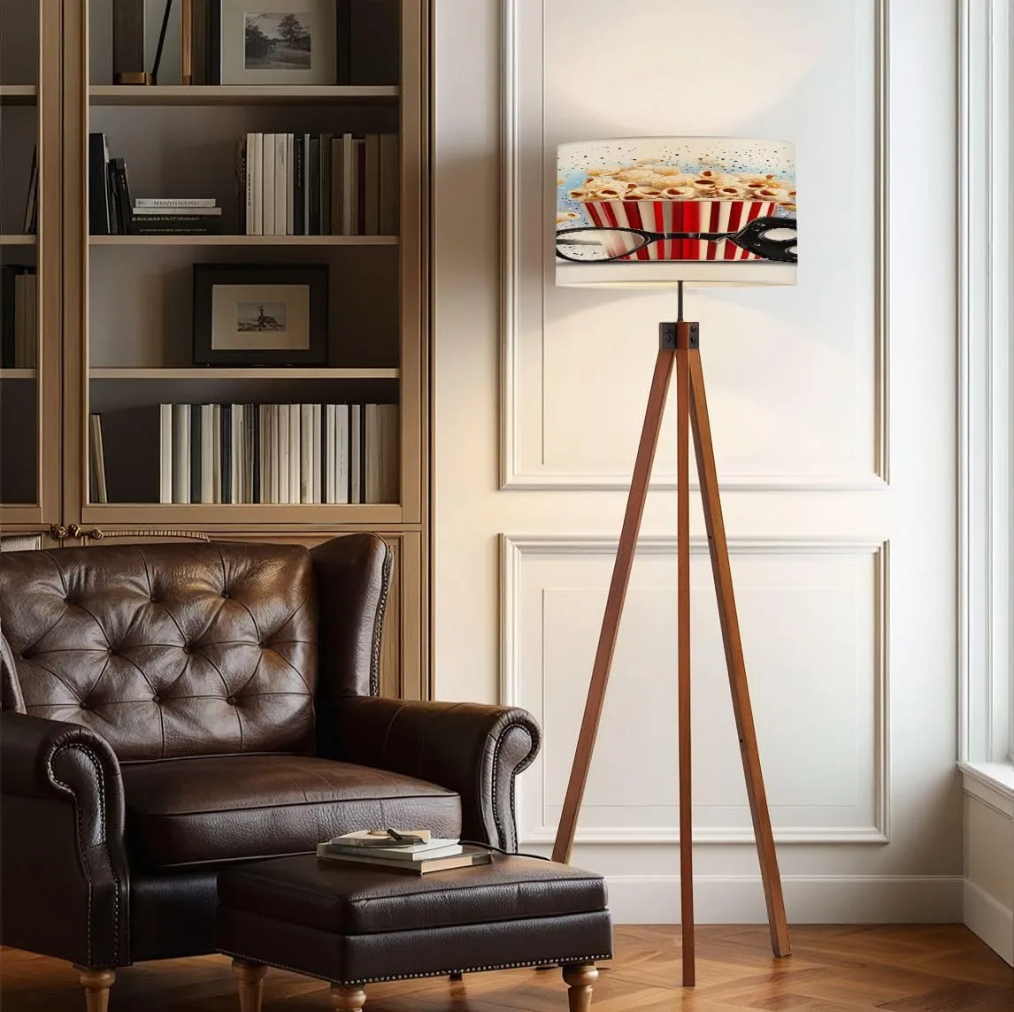 Wood Tripod Floor Lamp Raster Version Clapper Board Cinema Popcorn Striped Bag Mid Century Standing Lamp Linen Shade Dimmable Modern Tall lamp Home Decor for Living Room Bedroom Office