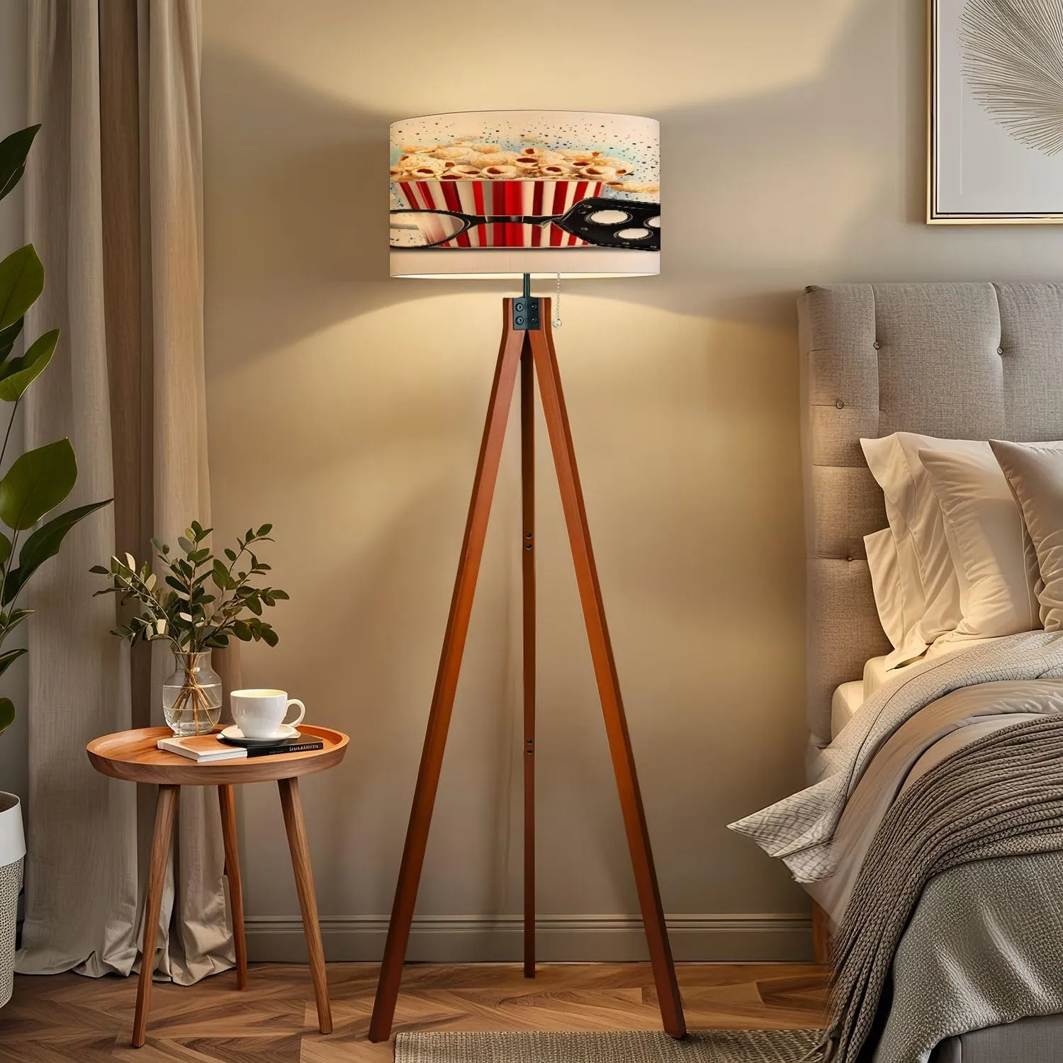 Wood Tripod Floor Lamp Raster Version Clapper Board Cinema Popcorn Striped Bag Mid Century Standing Lamp Linen Shade Dimmable Modern Tall lamp Home Decor for Living Room Bedroom Office