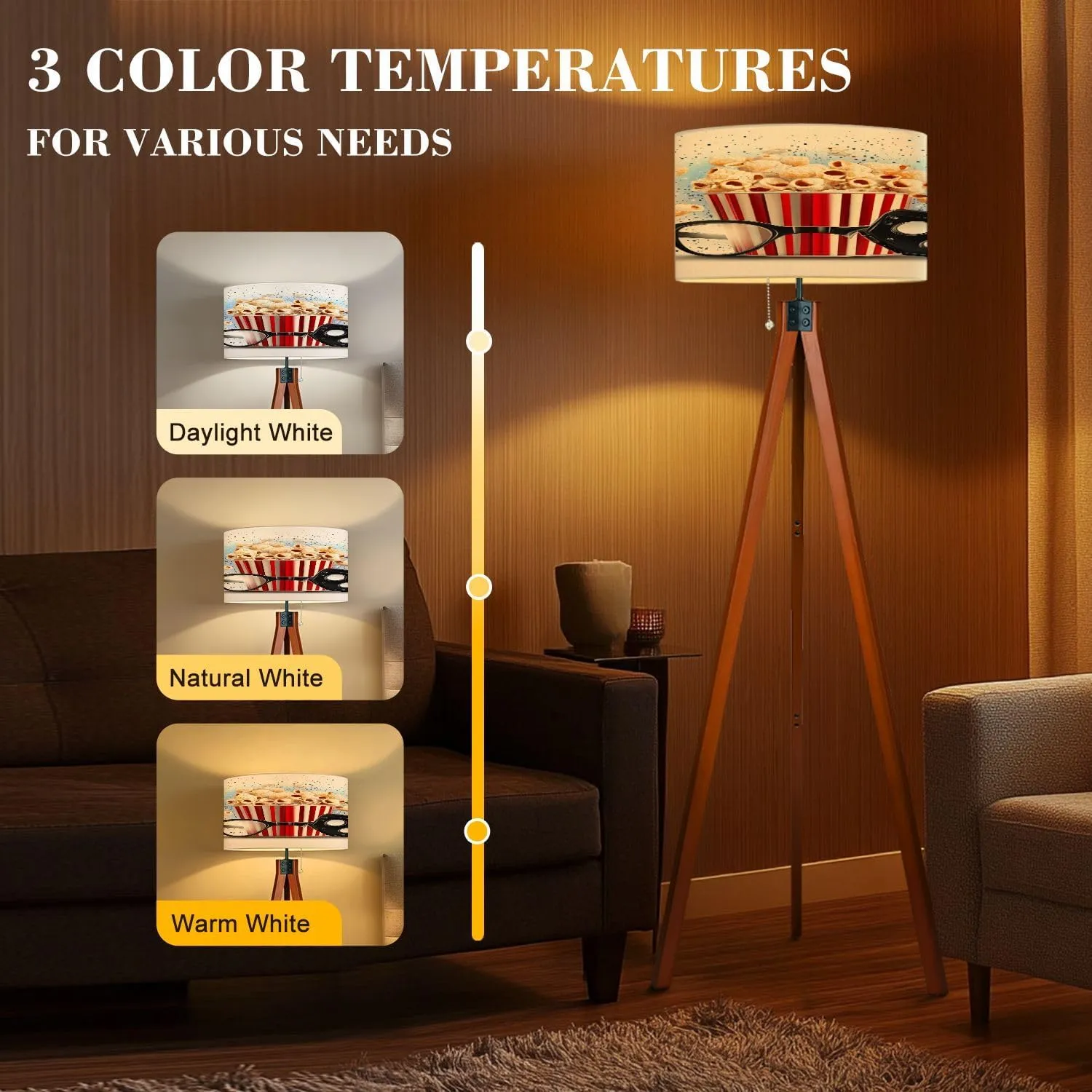 Wood Tripod Floor Lamp Raster Version Clapper Board Cinema Popcorn Striped Bag Mid Century Standing Lamp Linen Shade Dimmable Modern Tall lamp Home Decor for Living Room Bedroom Office