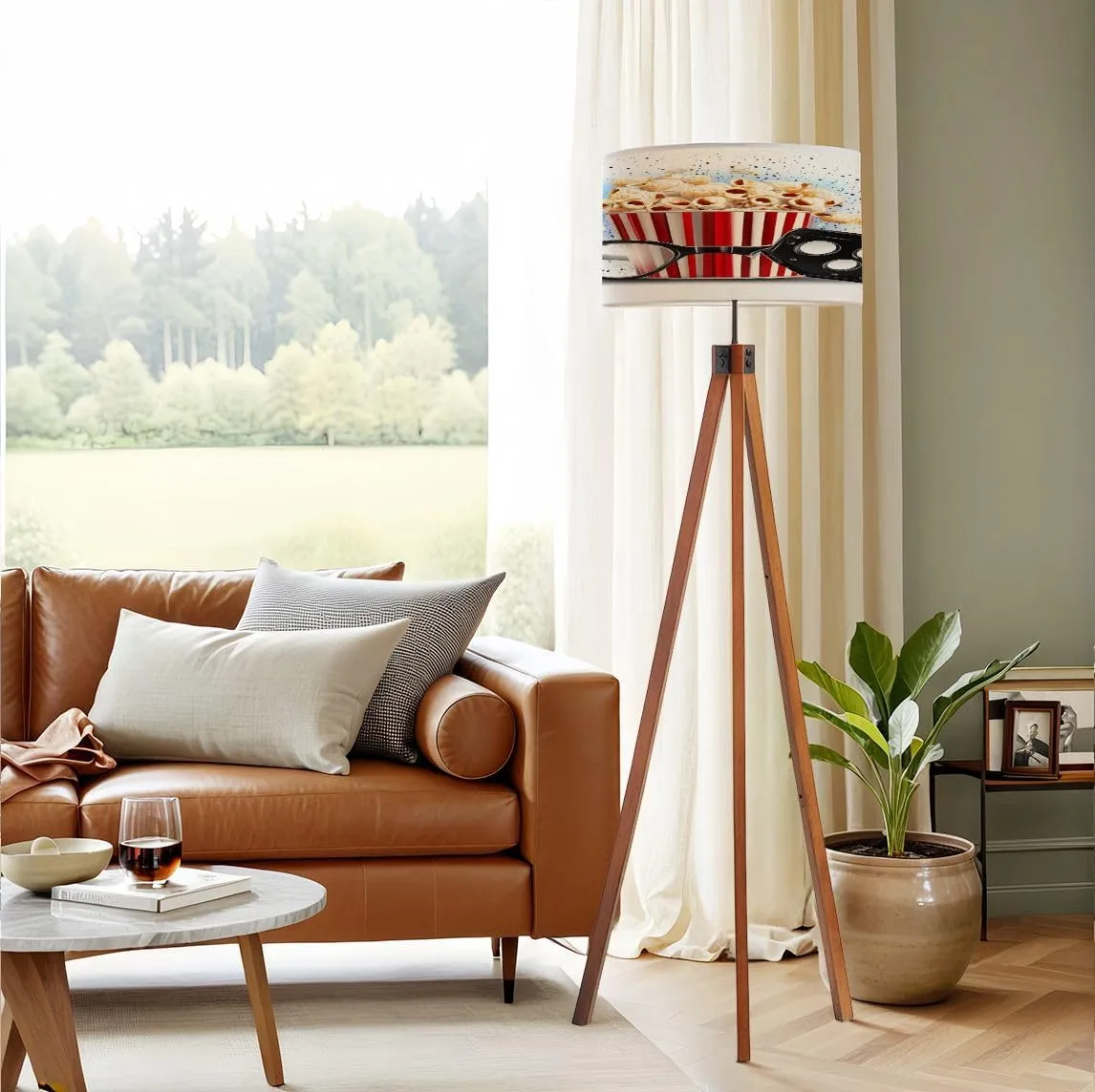Wood Tripod Floor Lamp Raster Version Clapper Board Cinema Popcorn Striped Bag Mid Century Standing Lamp Linen Shade Dimmable Modern Tall lamp Home Decor for Living Room Bedroom Office