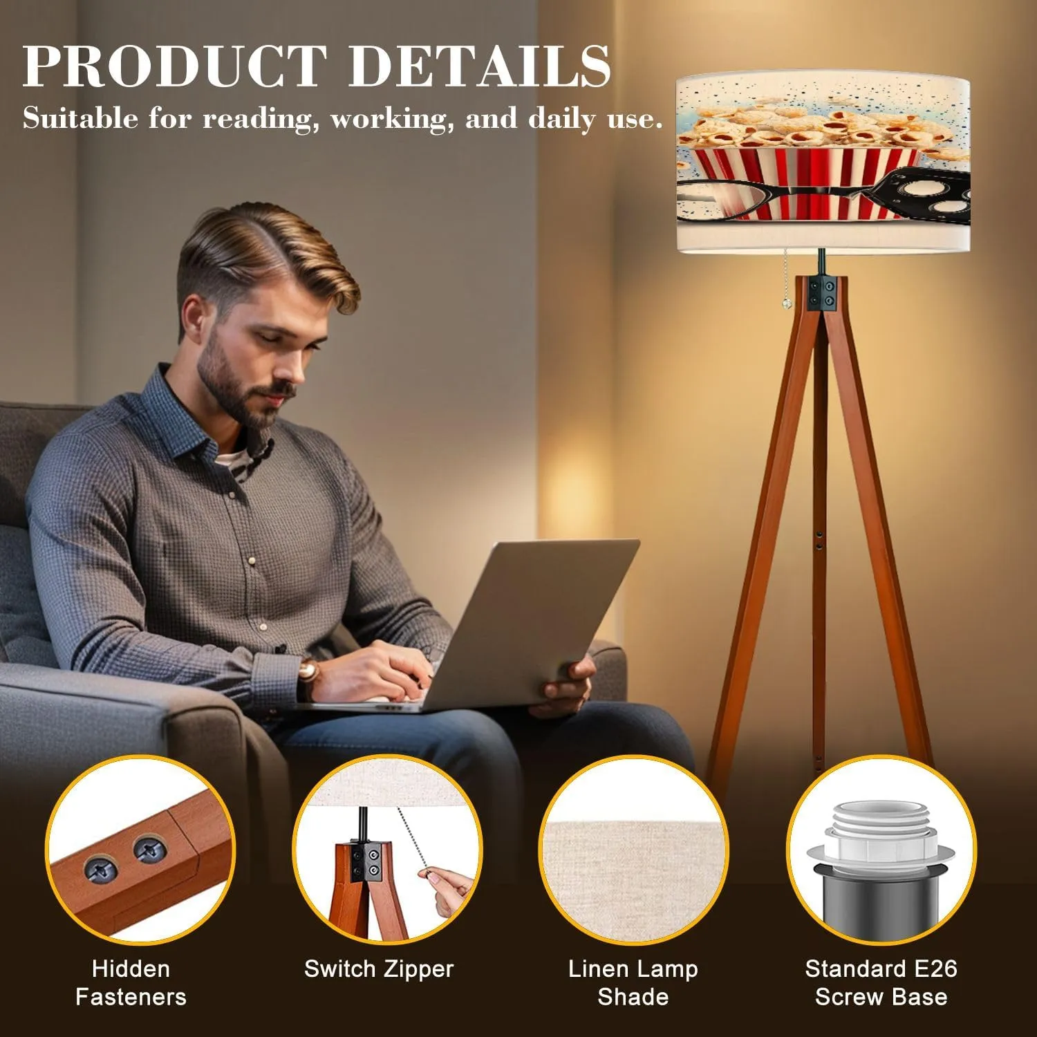 Wood Tripod Floor Lamp Raster Version Clapper Board Cinema Popcorn Striped Bag Mid Century Standing Lamp Linen Shade Dimmable Modern Tall lamp Home Decor for Living Room Bedroom Office