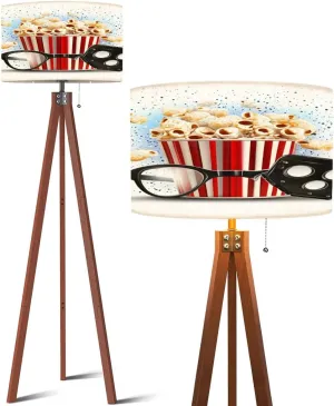 Wood Tripod Floor Lamp Raster Version Clapper Board Cinema Popcorn Striped Bag Mid Century Standing Lamp Linen Shade Dimmable Modern Tall lamp Home Decor for Living Room Bedroom Office