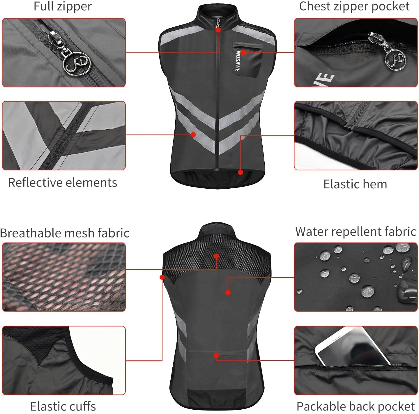 WOSAWE Men's High Visibility Cycling Wind Jacket Water Resistance Reflective Windbreaker