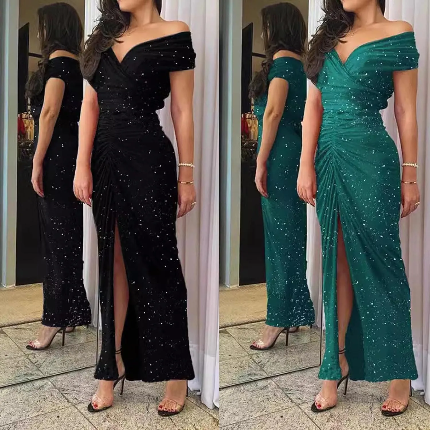 Wpmen's Dress Sexy Deep V Lace Mesh Maxi Formal Dress Party Cocktail Dresses Long Sleeve Elegant Wedding Dress