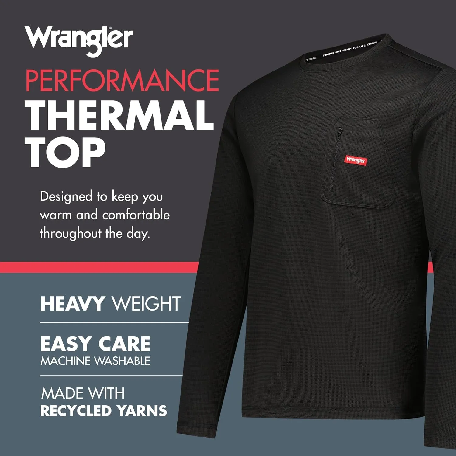 Wrangler - Mens Long Sleeve Thermal Shirt (Black) - Cold Weather Base Layer Shirts - Thermal Underwear for Men
