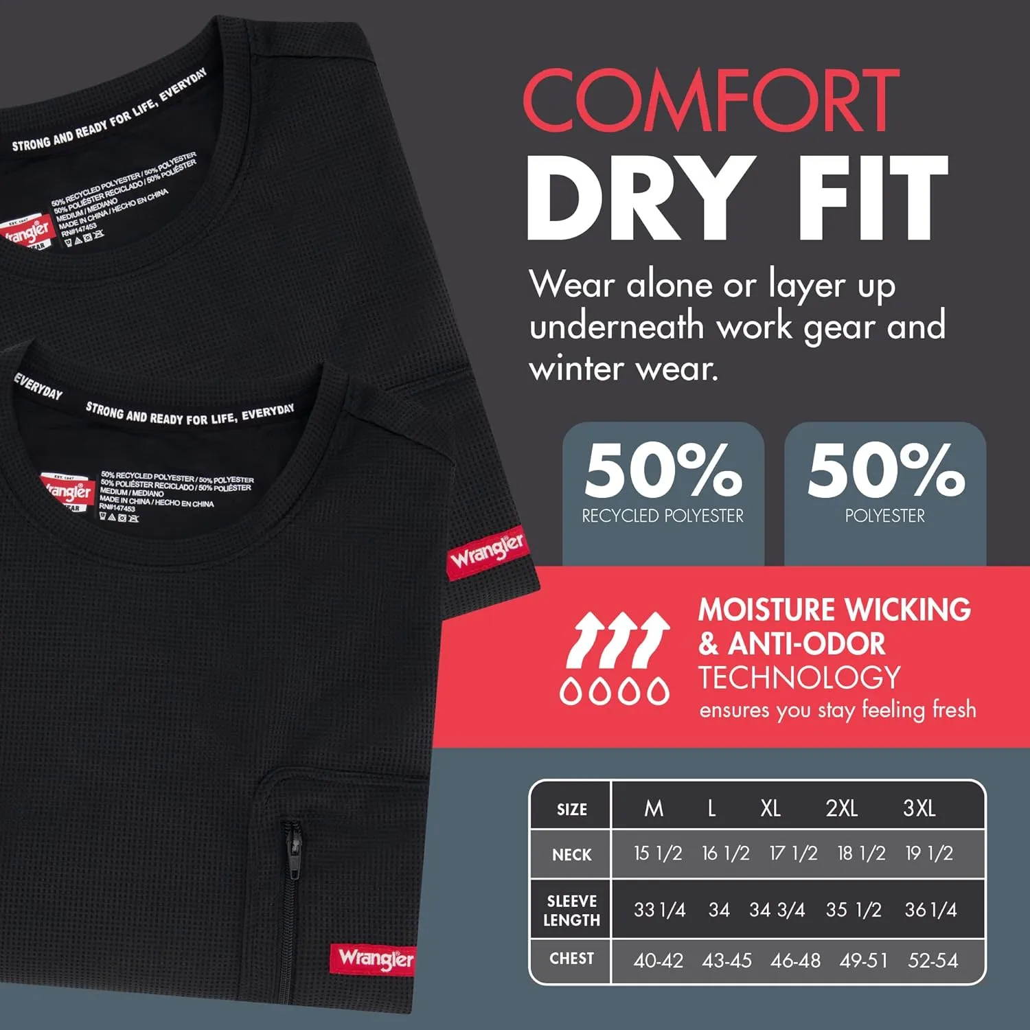 Wrangler - Mens Long Sleeve Thermal Shirt (Black) - Cold Weather Base Layer Shirts - Thermal Underwear for Men