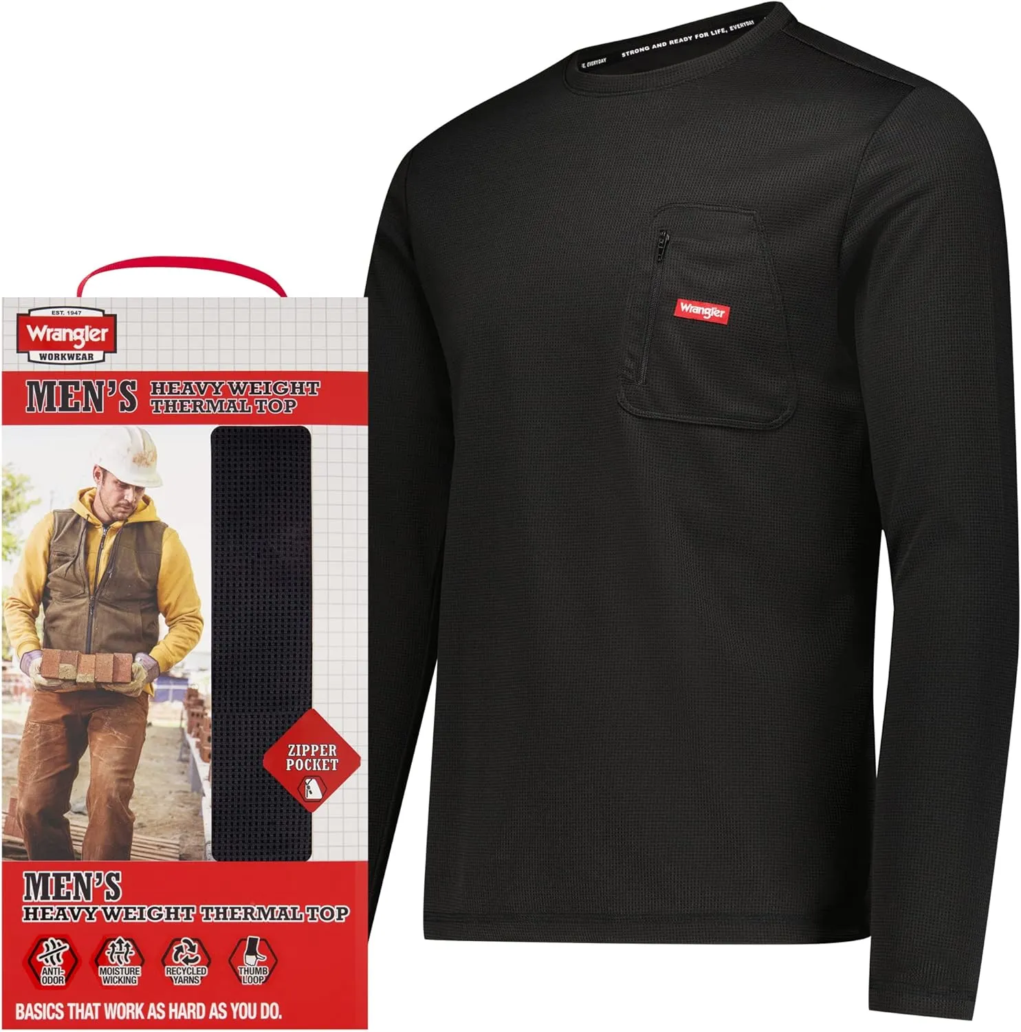 Wrangler - Mens Long Sleeve Thermal Shirt (Black) - Cold Weather Base Layer Shirts - Thermal Underwear for Men