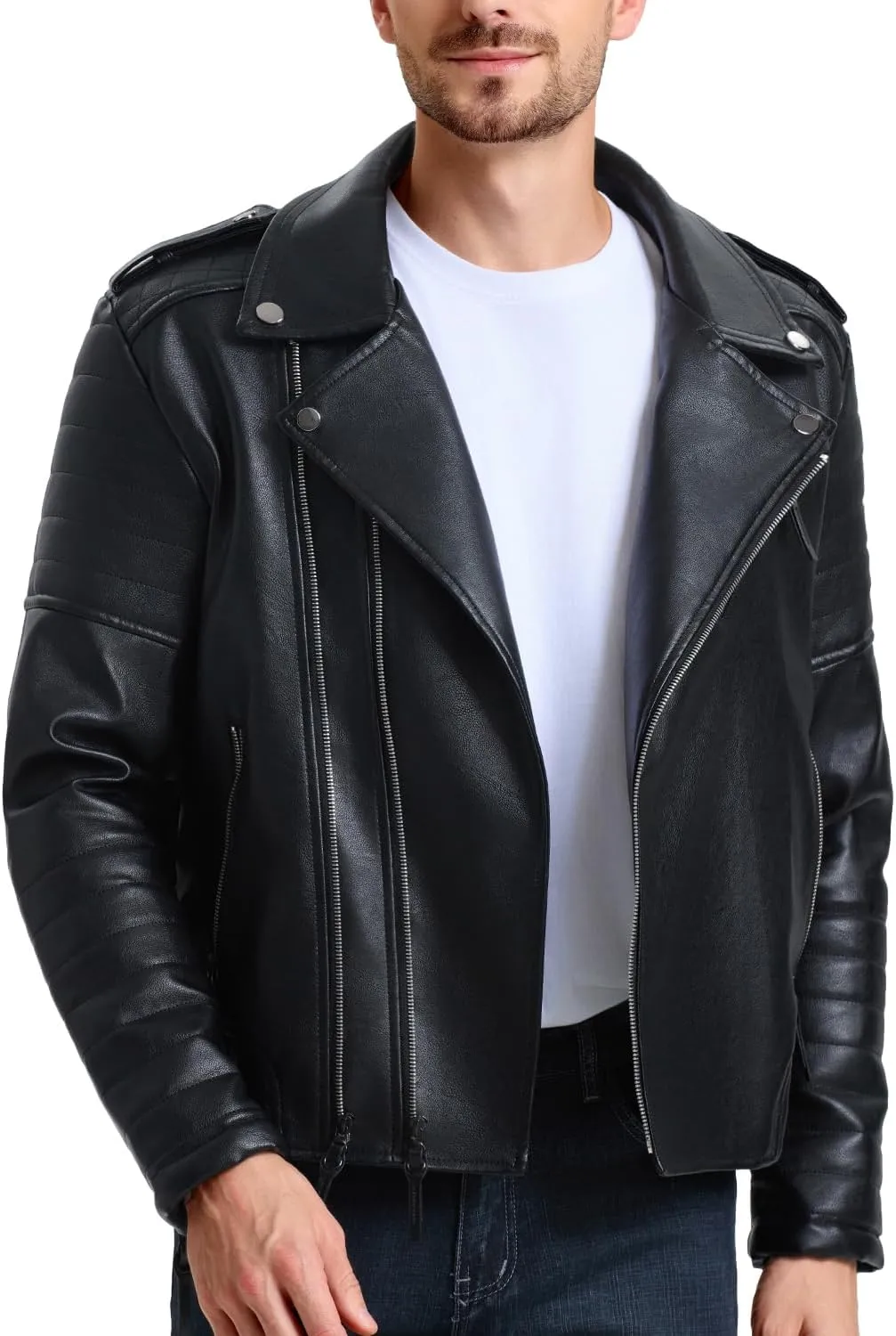 WULFUL Men's Leather Jackets, Faux Bomber Jacket for Men Motorcycle Lapel Asymmetric Zip-Up Slim Fit Biker Coat