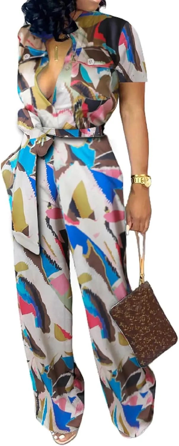 Xinlees Women‘s Elegant Jumpsuits Casual Short Sleeve Fashion Print Long Pants Rompers Straight Club Outfits