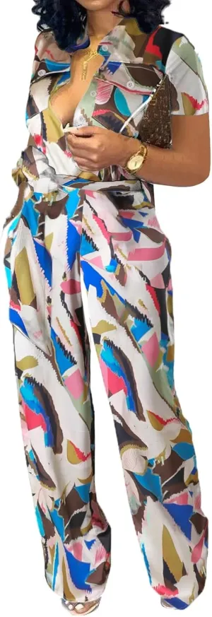 Xinlees Women‘s Elegant Jumpsuits Casual Short Sleeve Fashion Print Long Pants Rompers Straight Club Outfits