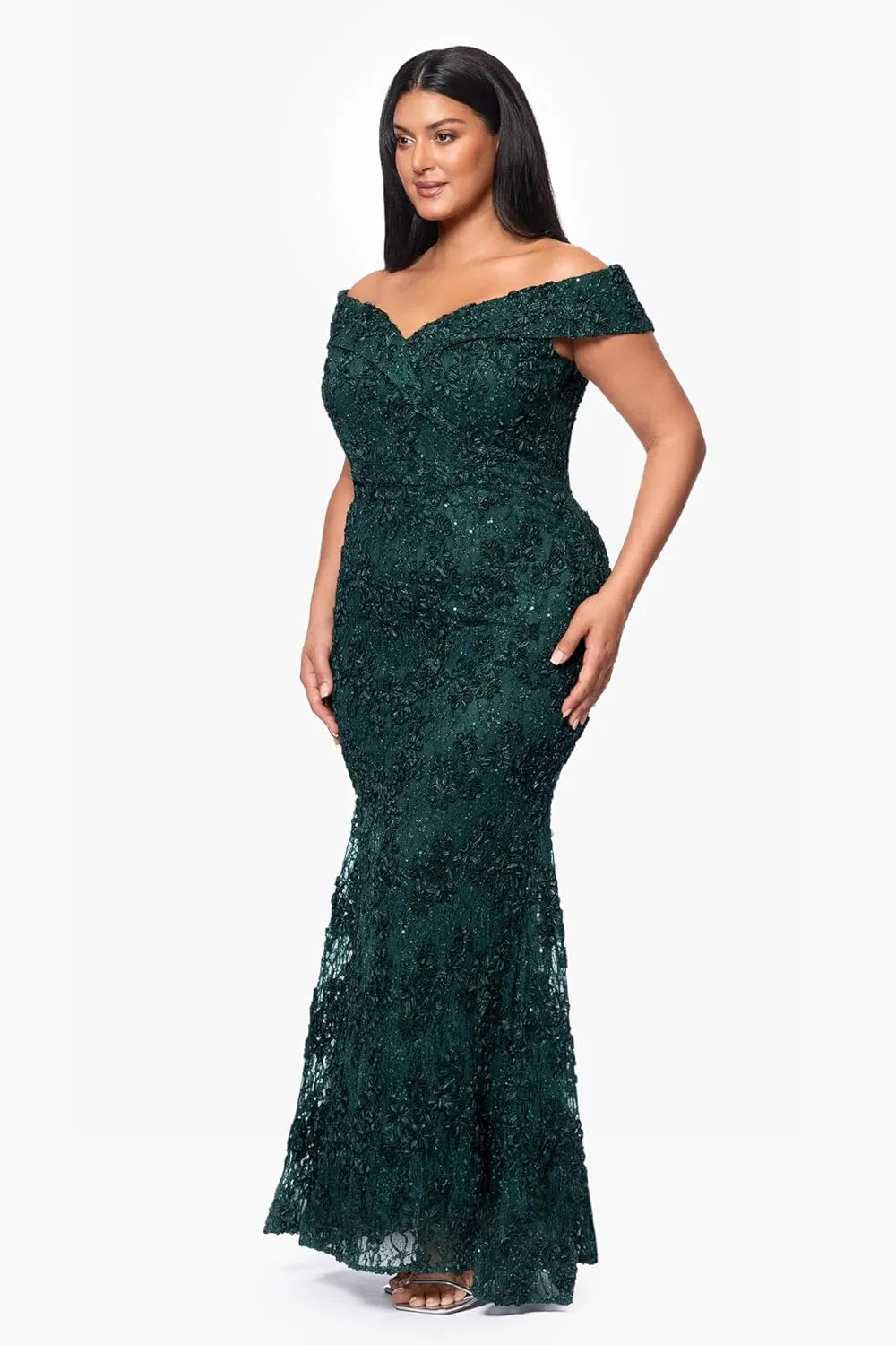 Xscape Women's Plus Size Off The Shoulder Sweetheart Neckline Long Lace Dress