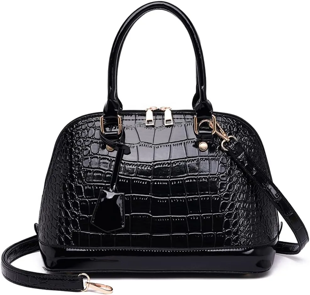 XXGJOALD-Classic Dome Satchel Bag for Women Top Handle Handbags Crocodile Pattern Faux Leather Purse Crossbody Shoulder Bag