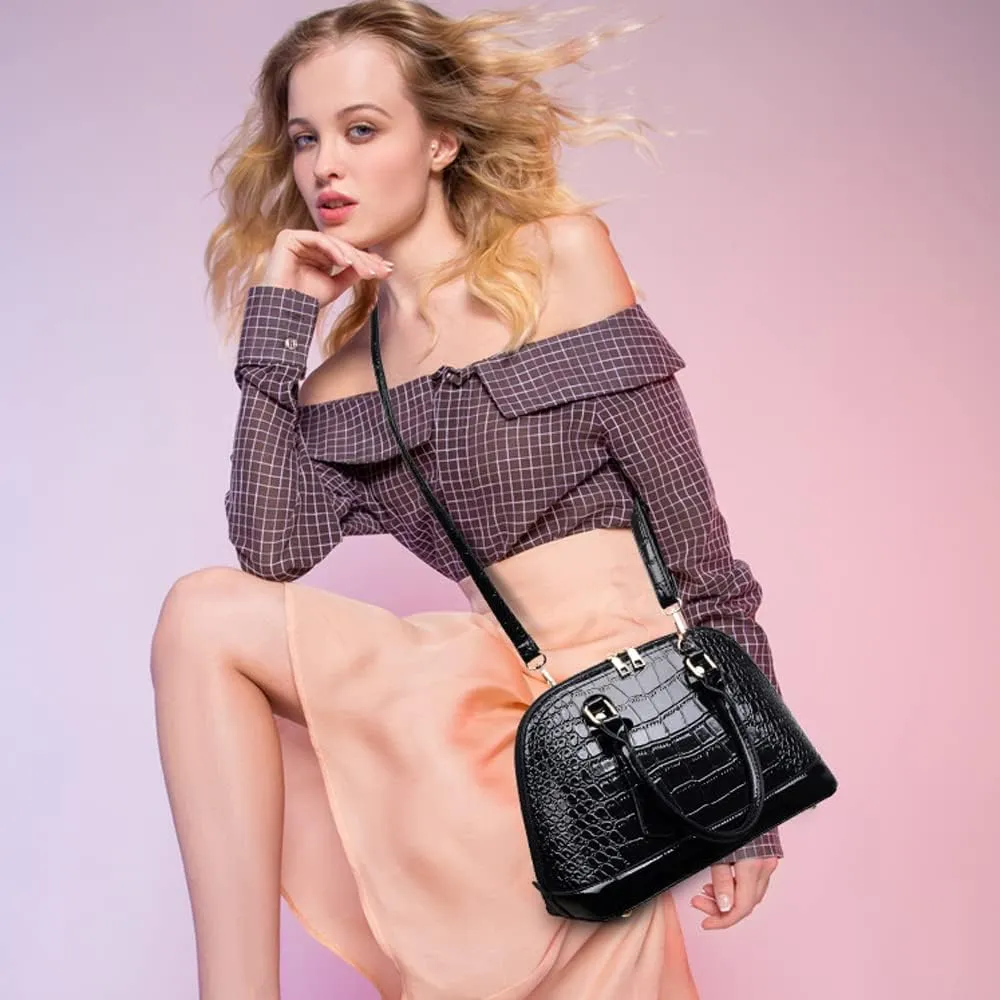 XXGJOALD-Classic Dome Satchel Bag for Women Top Handle Handbags Crocodile Pattern Faux Leather Purse Crossbody Shoulder Bag