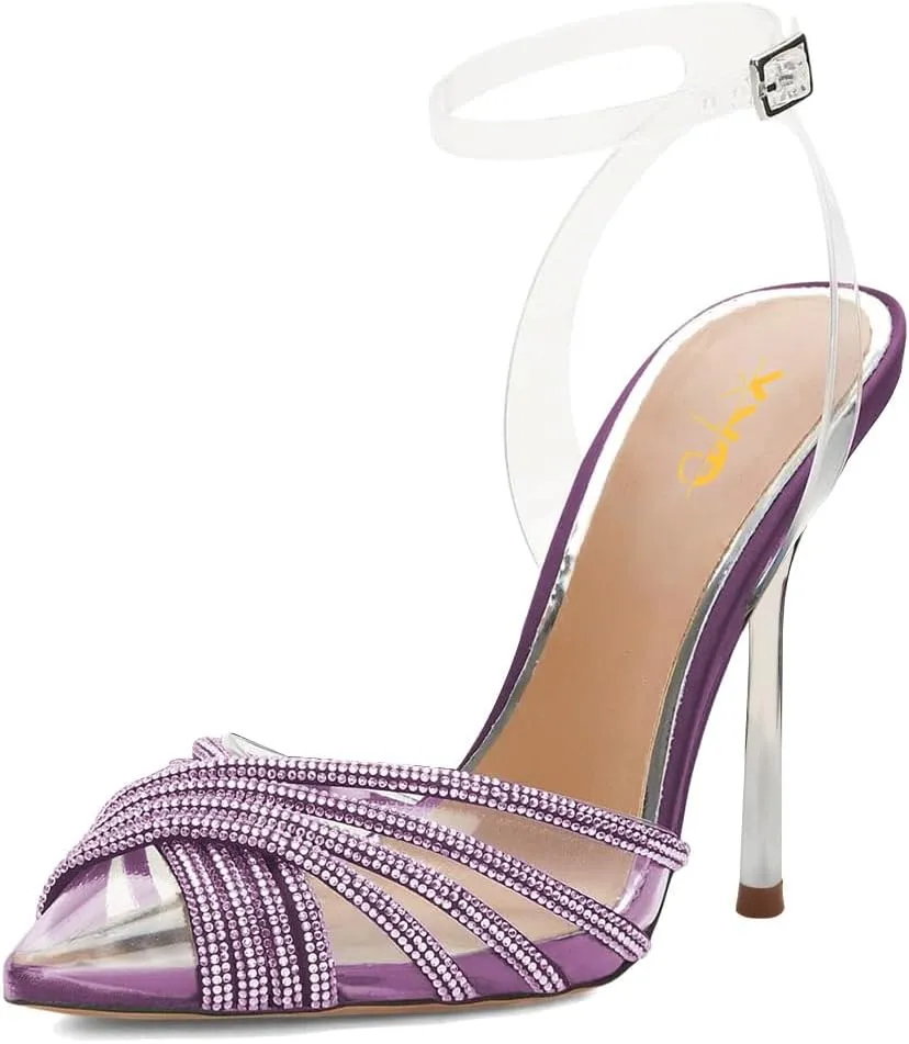 XYD Women Clear Pointed Toe Sandals Crystal Shimmering Rhinestones Stiletto High Heels Transparent Ankle Strap Ladies Chic Evening Party Pumps Shoes