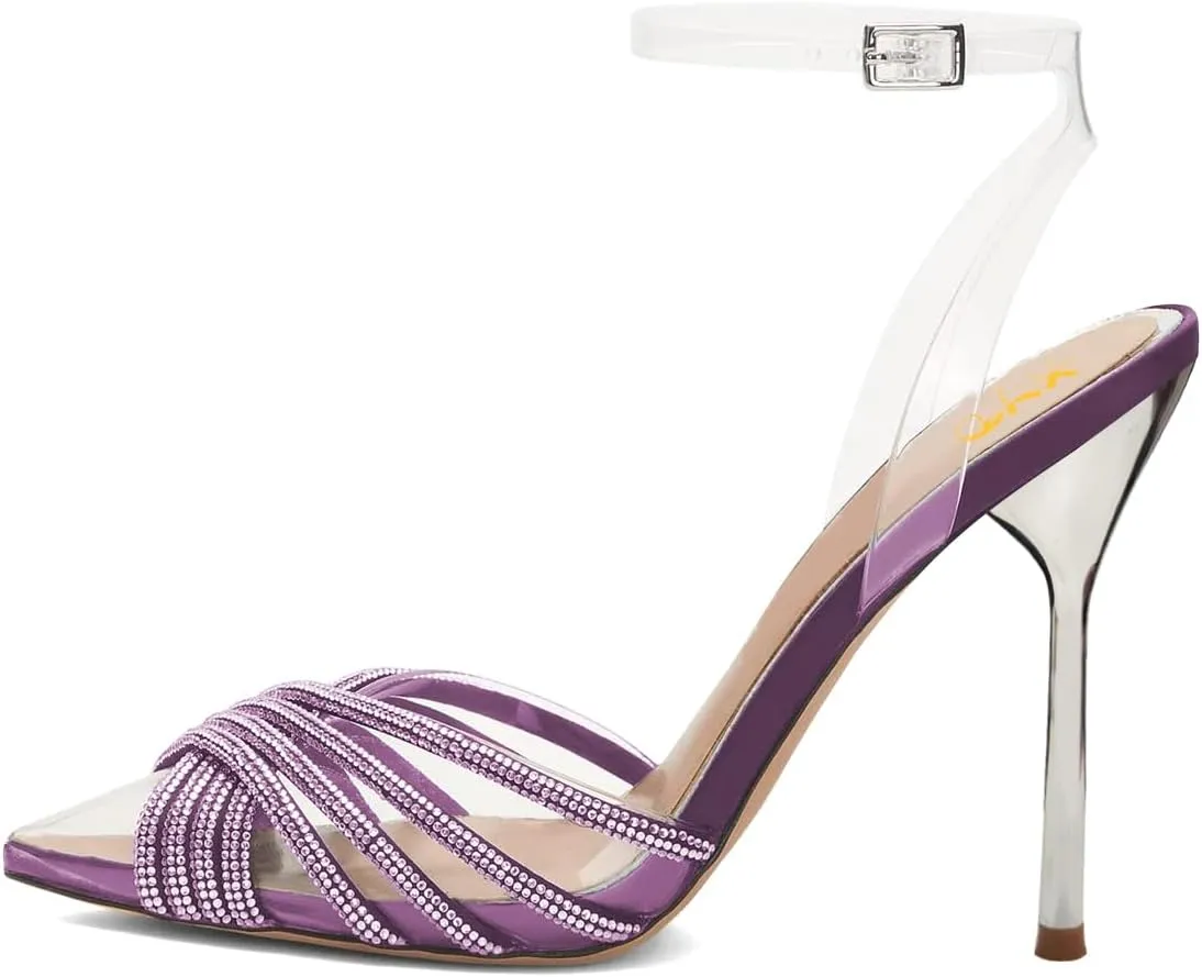 XYD Women Clear Pointed Toe Sandals Crystal Shimmering Rhinestones Stiletto High Heels Transparent Ankle Strap Ladies Chic Evening Party Pumps Shoes