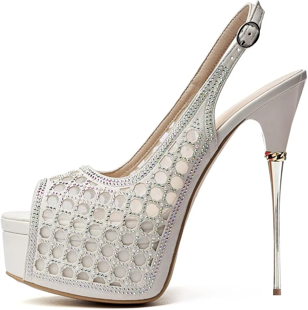 XYD Women Lace Platform Sandals Peep Toe Metallic High Heel Stiletto Slingback Mesh Crystal Pumps Event Evening Party Shoes