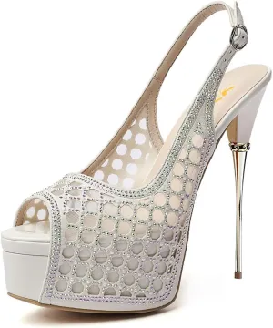 XYD Women Lace Platform Sandals Peep Toe Metallic High Heel Stiletto Slingback Mesh Crystal Pumps Event Evening Party Shoes