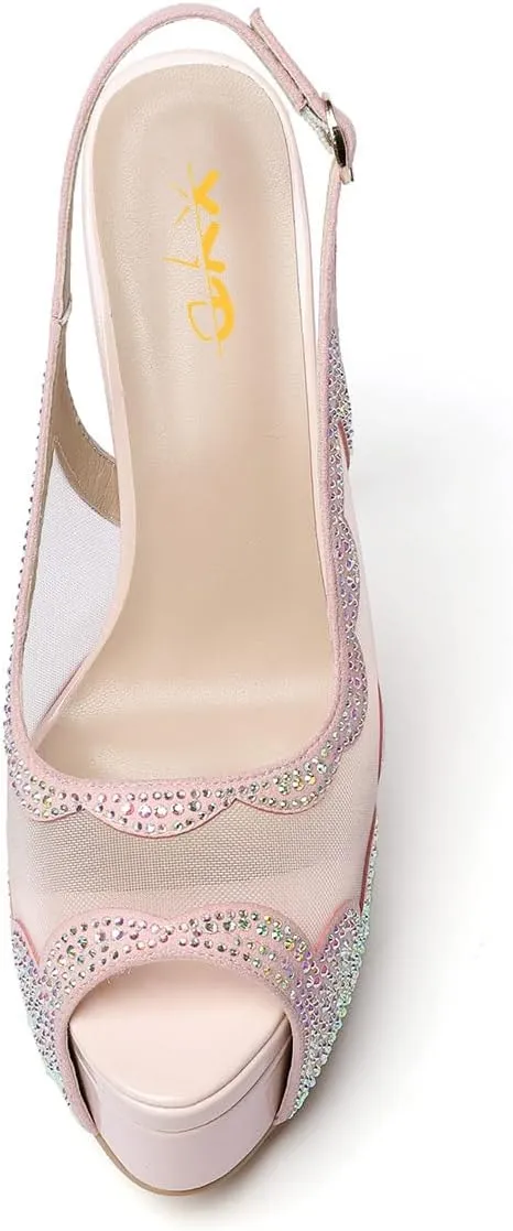 XYD Women Lace Platform Sandals Peep Toe Metallic High Heel Stiletto Slingback Mesh Crystal Pumps Event Evening Party Shoes