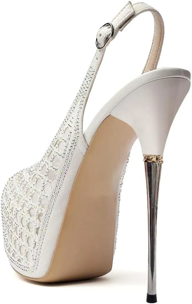 XYD Women Lace Platform Sandals Peep Toe Metallic High Heel Stiletto Slingback Mesh Crystal Pumps Event Evening Party Shoes