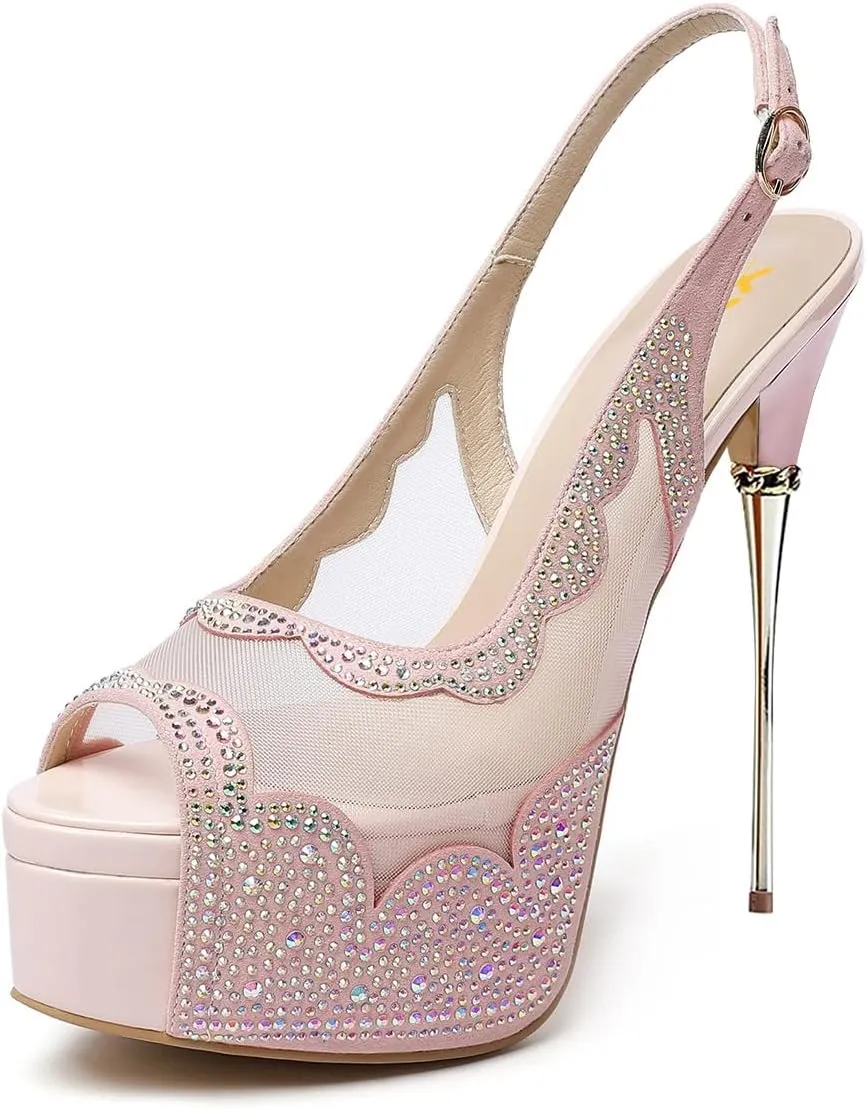 XYD Women Lace Platform Sandals Peep Toe Metallic High Heel Stiletto Slingback Mesh Crystal Pumps Event Evening Party Shoes