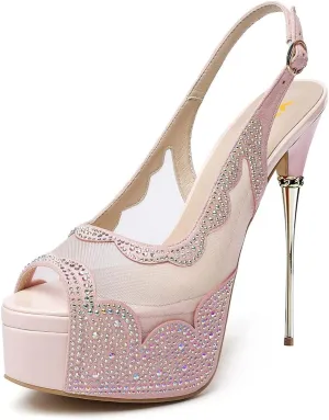 XYD Women Lace Platform Sandals Peep Toe Metallic High Heel Stiletto Slingback Mesh Crystal Pumps Event Evening Party Shoes