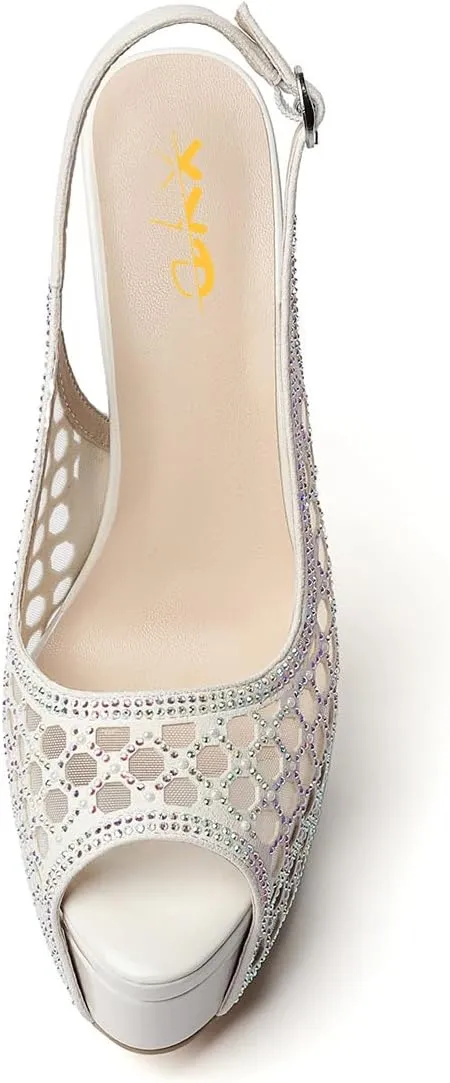 XYD Women Lace Platform Sandals Peep Toe Metallic High Heel Stiletto Slingback Mesh Crystal Pumps Event Evening Party Shoes