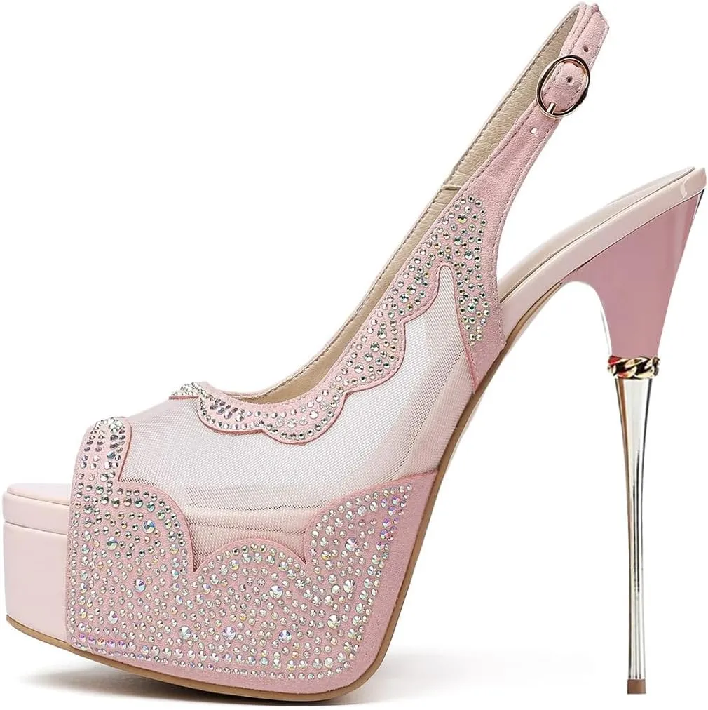 XYD Women Lace Platform Sandals Peep Toe Metallic High Heel Stiletto Slingback Mesh Crystal Pumps Event Evening Party Shoes