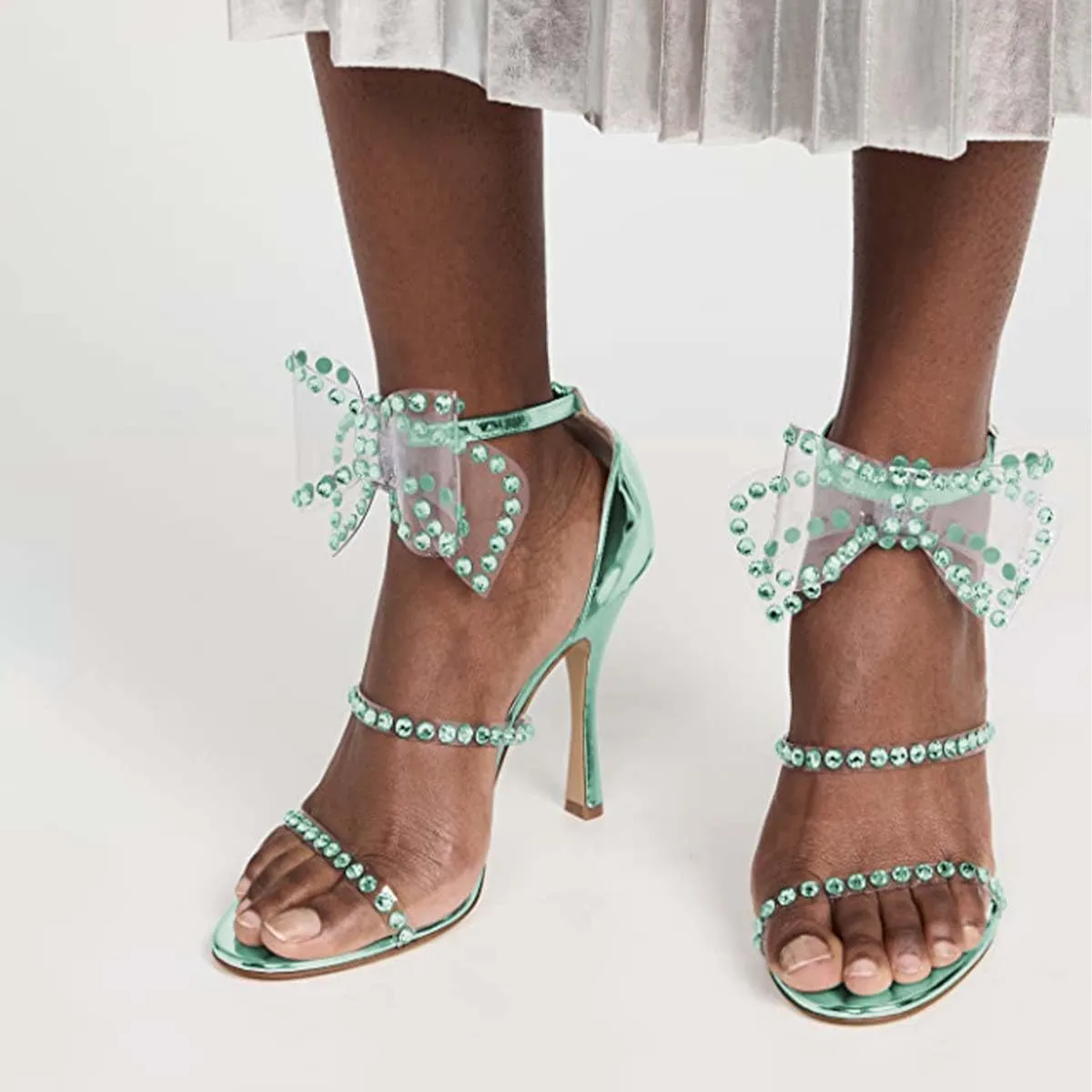 XYD Women Sparkle Crystals Open Toe Sandals Oversized Bow Ankle Strap High Heels Pumps Rhinestones Dressy Evening Party Cocktail Shoes