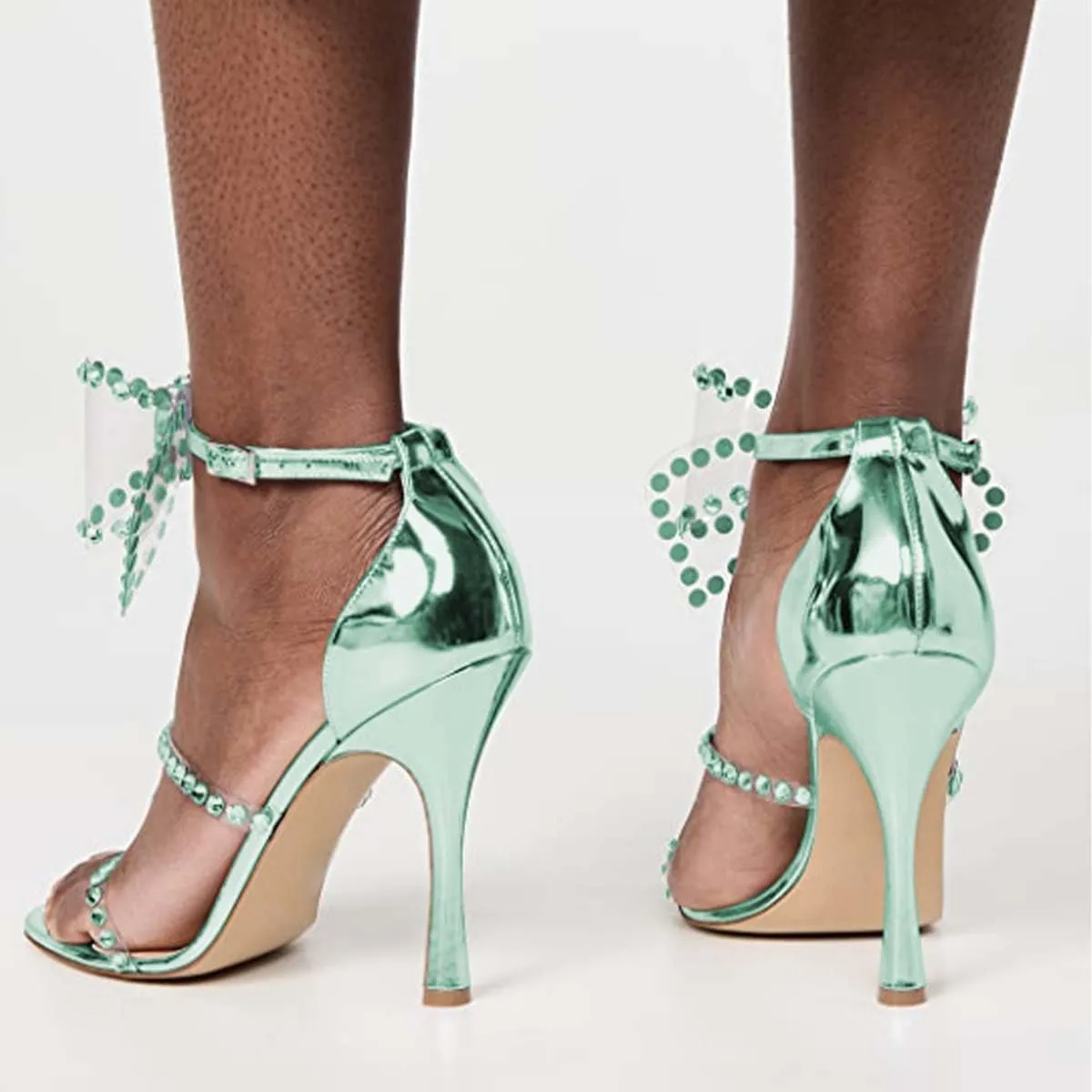 XYD Women Sparkle Crystals Open Toe Sandals Oversized Bow Ankle Strap High Heels Pumps Rhinestones Dressy Evening Party Cocktail Shoes
