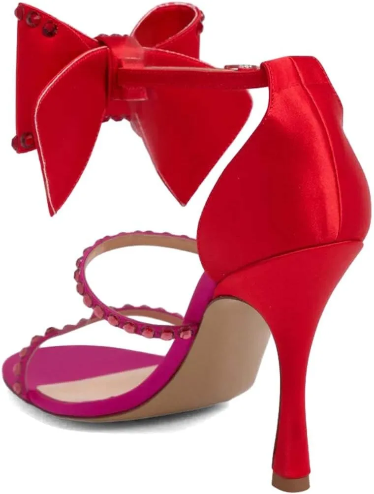 XYD Women Sparkle Crystals Open Toe Sandals Oversized Bow Ankle Strap High Heels Pumps Rhinestones Dressy Evening Party Cocktail Shoes