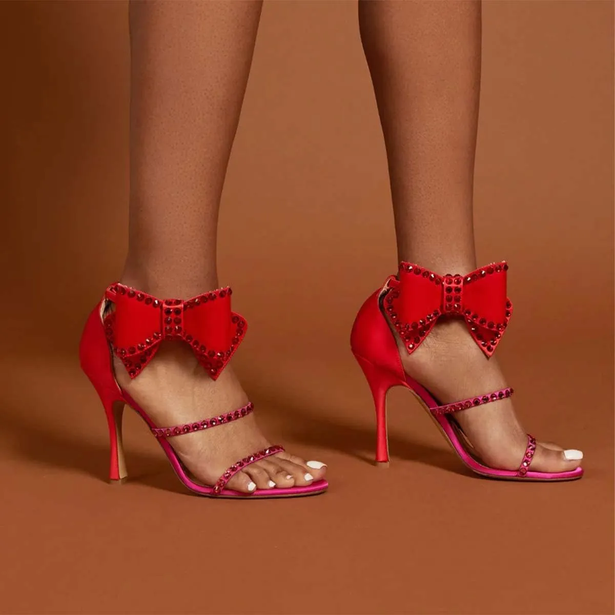 XYD Women Sparkle Crystals Open Toe Sandals Oversized Bow Ankle Strap High Heels Pumps Rhinestones Dressy Evening Party Cocktail Shoes