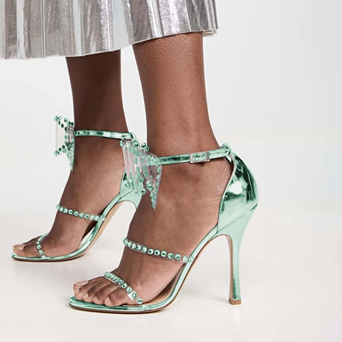 XYD Women Sparkle Crystals Open Toe Sandals Oversized Bow Ankle Strap High Heels Pumps Rhinestones Dressy Evening Party Cocktail Shoes