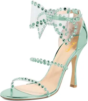 XYD Women Sparkle Crystals Open Toe Sandals Oversized Bow Ankle Strap High Heels Pumps Rhinestones Dressy Evening Party Cocktail Shoes