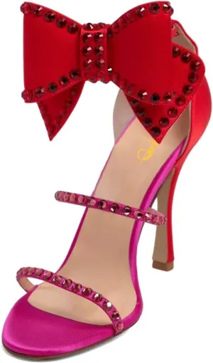 XYD Women Sparkle Crystals Open Toe Sandals Oversized Bow Ankle Strap High Heels Pumps Rhinestones Dressy Evening Party Cocktail Shoes