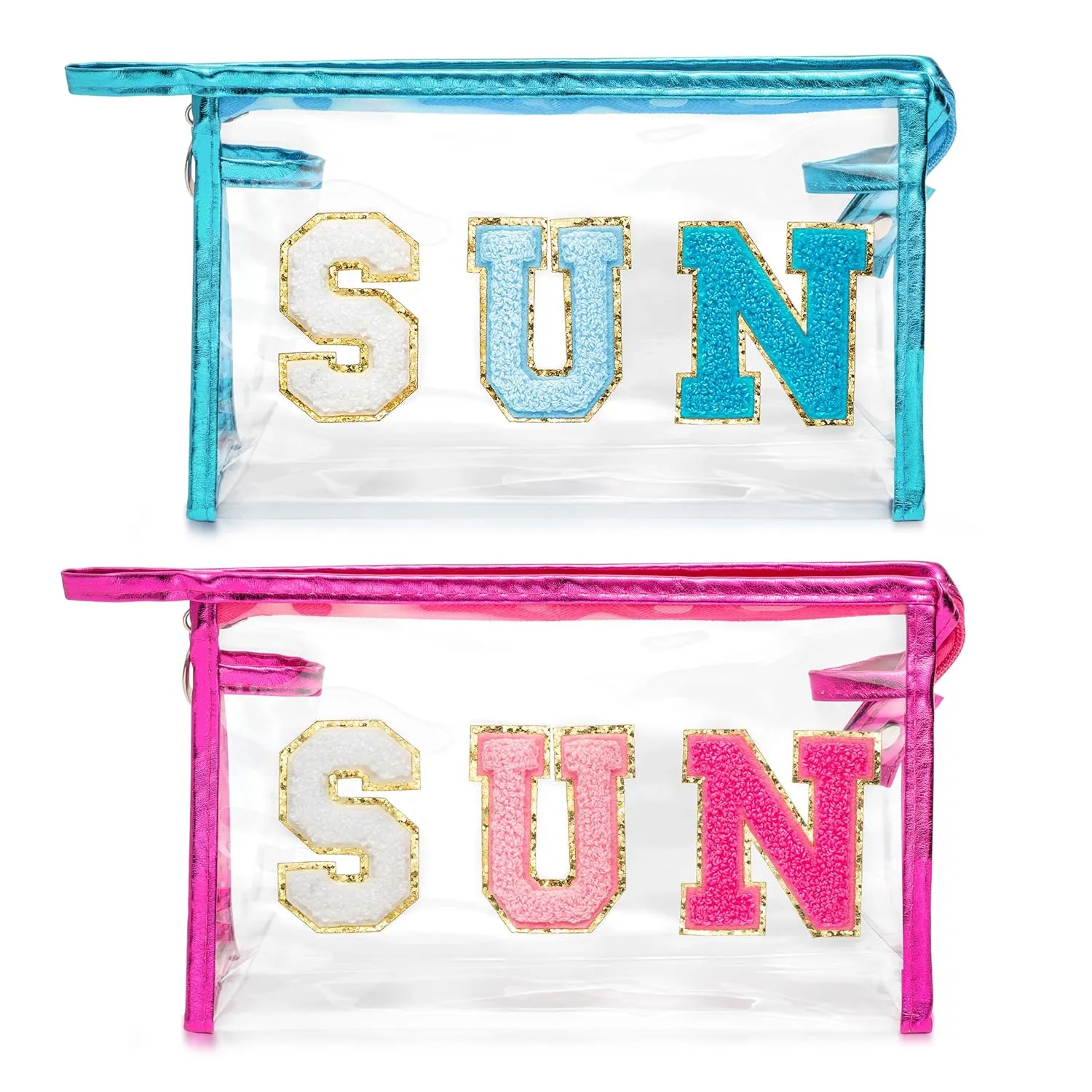 Y1tvei 2Pcs Preppy Patch SUN Varsity Letter Cosmetic Toiletry Bag Transparent PVC Zipper Makeup Bag Clutch Purse Portable Waterproof Travel Organizer Compliant Bag for Women Girls (Blue Red Rose)