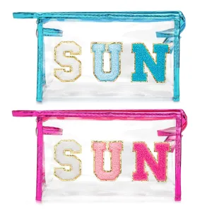 Y1tvei 2Pcs Preppy Patch SUN Varsity Letter Cosmetic Toiletry Bag Transparent PVC Zipper Makeup Bag Clutch Purse Portable Waterproof Travel Organizer Compliant Bag for Women Girls (Blue Red Rose)
